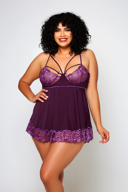 Cross dye lace, Adjustable straps, Strappy soft cups, Under bust tricot lining, Scallop lace trim, Microfiber skirt
Set includes babydoll and G-string panty