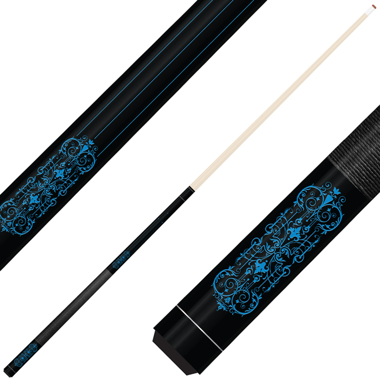 Forged Etched Series ET07 Custom Engraved Black Pool Cue – Electric Blue