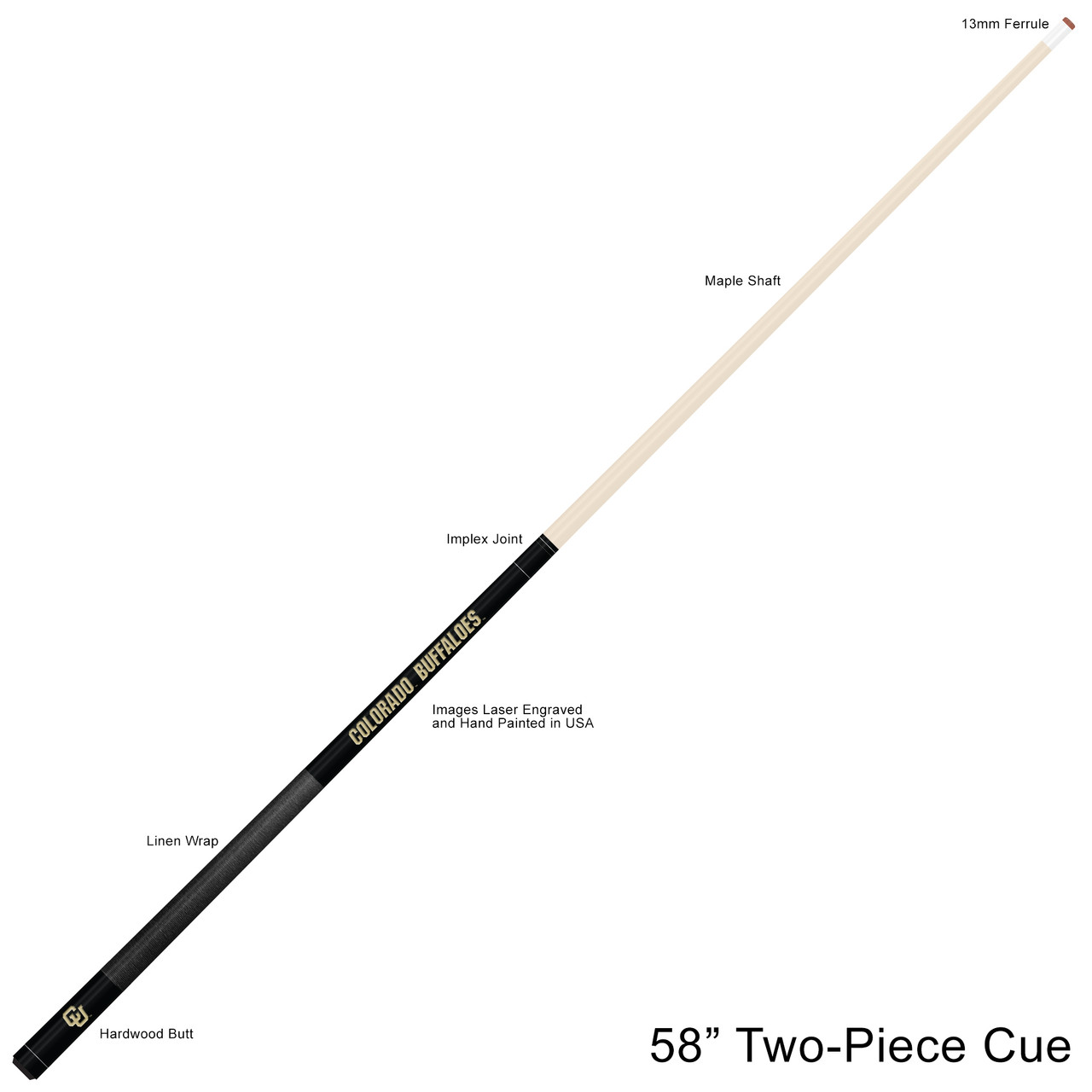 Colorado Buffaloes Custom Engraved Black Billiard Cue - Gold