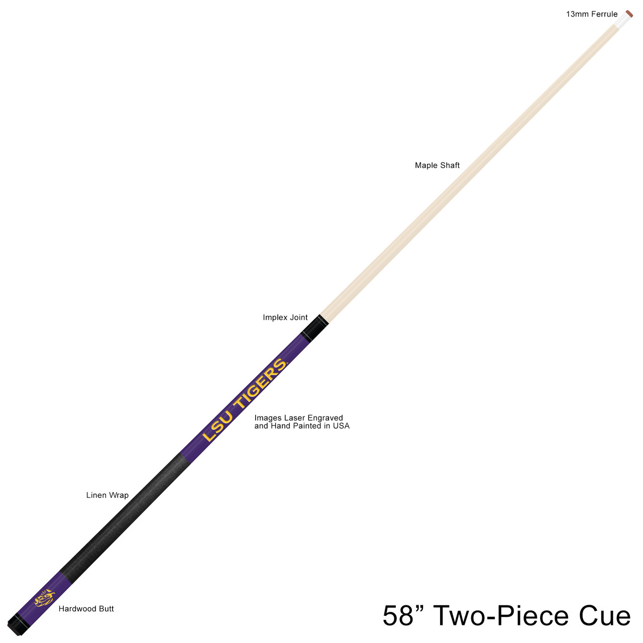 LSU Tigers Custom Engraved Purple Billiard Cue - Yellow