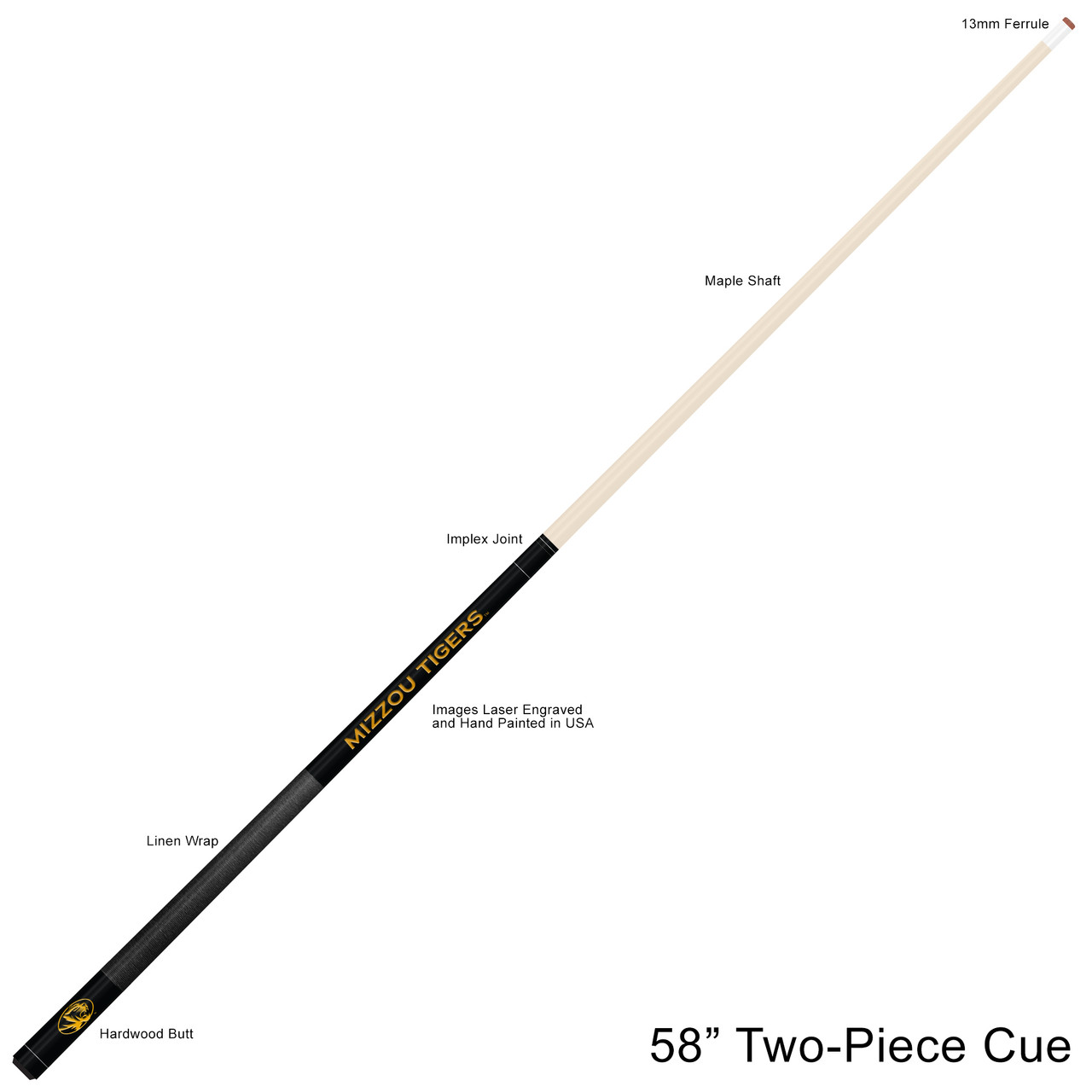 Missouri Tigers Custom Engraved Black Billiard Cue - Yellow