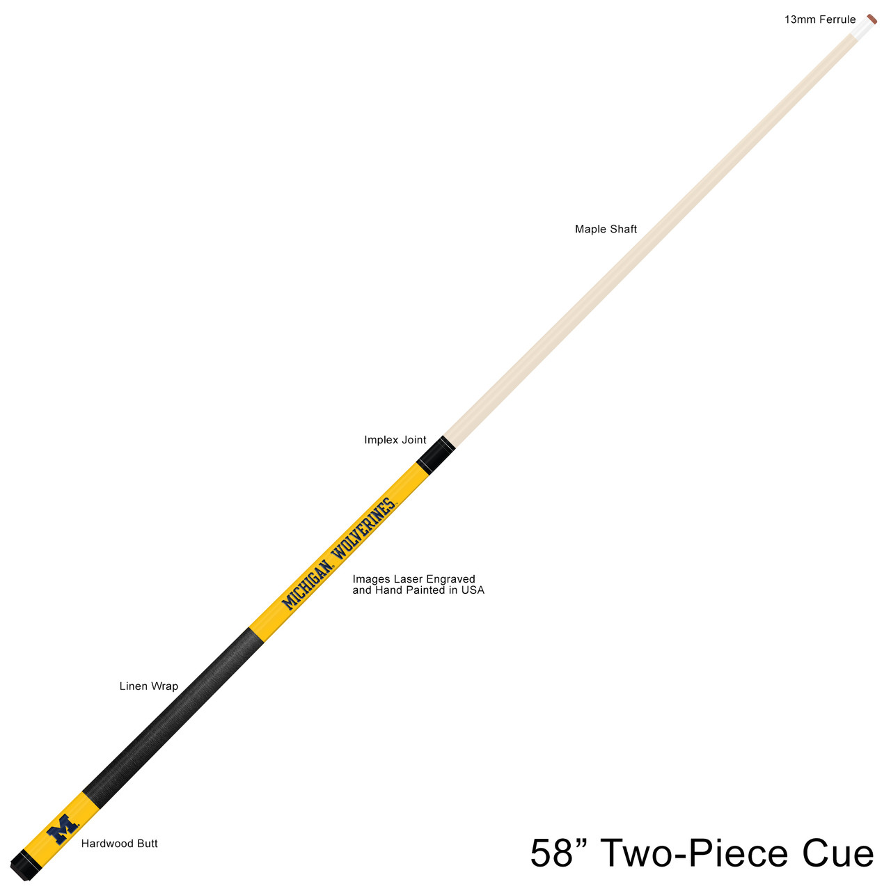 Michigan Wolverines Custom Engraved Yellow Billiard Cue - Blue Michigan Wolverines Custom Engraved Yellow Billiard Cue - Blue