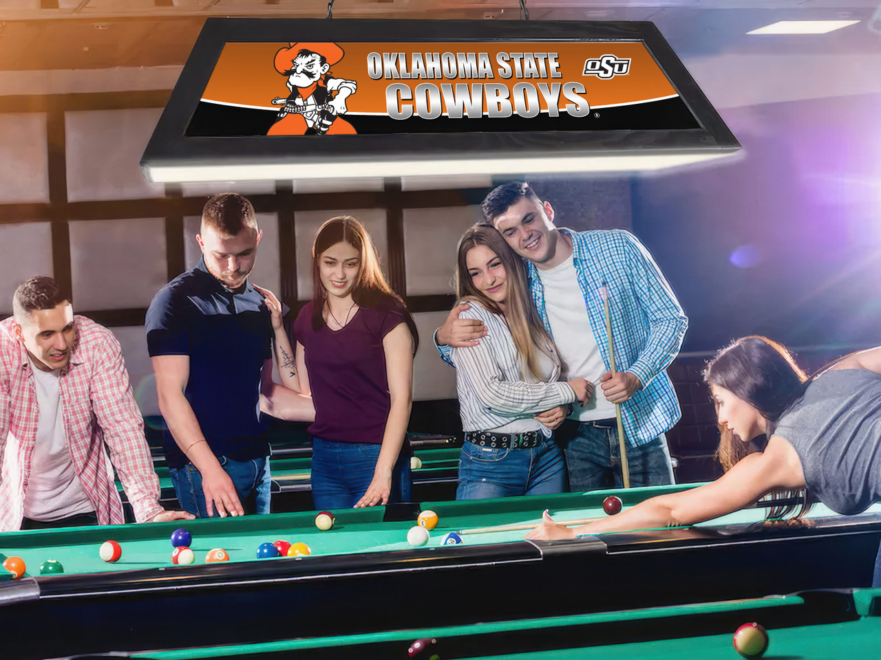 Oklahoma St. Cowboys 42” Spirit Billiard Lamp – Black Frame