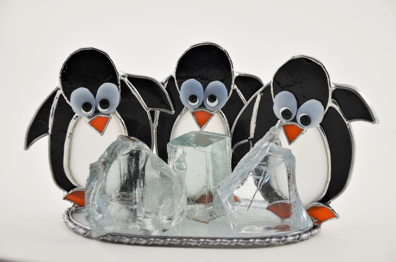 Three Penguin Pals on Ice Freestanding Suncatcher