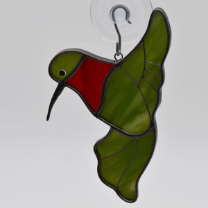 Hummingbird Art Glass Suncatcher - in Green and Red - by KOG Kokomo Opalescent Glass