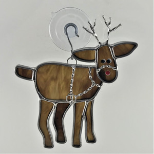 Brown standing reindeer art glass Christmas suncatcher with red nose