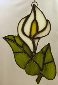 Detailed Calla Lily Art Glass Suncatcher, White with Green Leaves Detailed Calla Lily Art Glass Suncatcher, White with Green Leaves