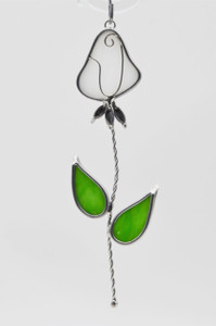 Single Rose Art Glass Suncatcher - in White and Green - by KOG Kokomo Opalescent Glass