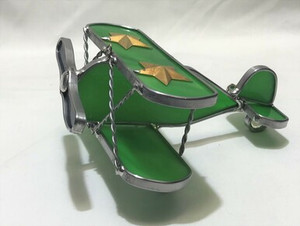 Bi-Plane Art Glass Suncatcher - in Green - by KOG Kokomo Opalescent Glass Bi-Plane Art Glass Suncatcher - in Green - by KOG Kokomo Opalescent Glass