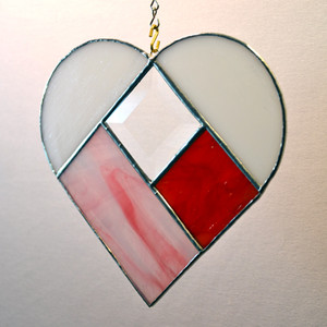 Heart with bevel art glass suncatcher in pink, white, and red Heart with bevel art glass suncatcher in pink, white, and red