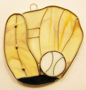Baseball Glove and Ball Art Glass Suncatcher in Amber and White by KOG Kokomo Opalescent Glass Baseball Glove and Ball Art Glass Suncatcher in Amber and White by KOG Kokomo Opalescent Glass