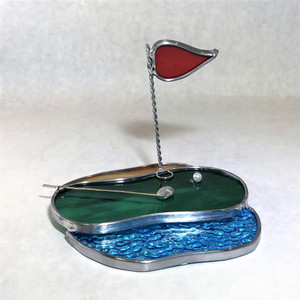 Stand Up Golf Green Art Glass Suncatcher in Red, Blue, and Green by KOG Kokomo Opalescent Glass Stand Up Golf Green Art Glass Suncatcher in Red, Blue, and Green by KOG Kokomo Opalescent Glass