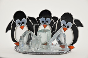 Three Penguin Pals on Ice Freestanding Art Glass Suncatcher - in Black, White and Orange Opalume with Clear Chunk Glass and Hand-Painted Details Three Penguin Pals on Ice Freestanding Art Glass Suncatcher - in Black, White and Orange Opalume with Clear Chunk Glass and Hand-Painted Details