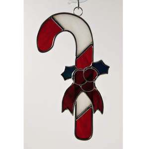 Candy Cane with Holly Art Glass Suncatcher in Red, White, and Green Candy Cane with Holly Art Glass Suncatcher in Red, White, and Green