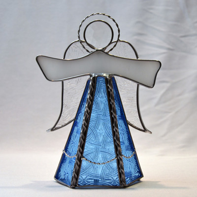 Ice blue standing angel art glass suncatcher