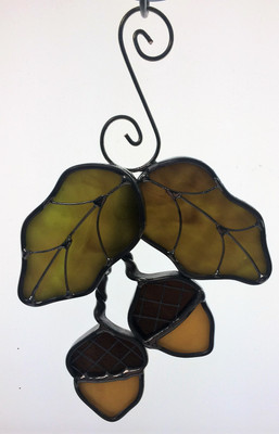 Green and Brown art glass acorns with leaves suncatcher