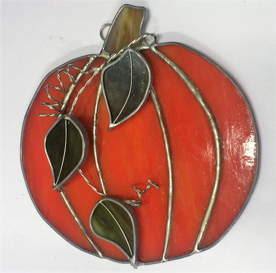Orange Pumpkin with Green Vine Art Glass Suncatcher