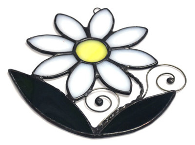 Daisy with Curls Art Glass Suncatcher in White, Yellow, and Green by KOG Kokomo Opalescent Glass
