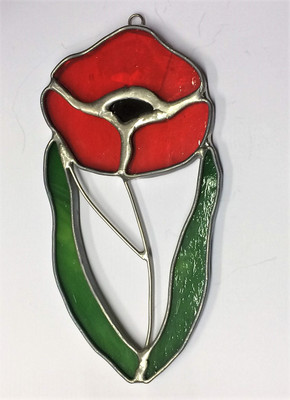 Red poppy flower with green leaves art glass suncatcher