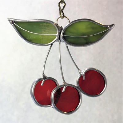 Cherries art glass suncatcher, red fruit with green leaves