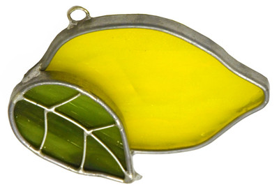 Lemon art glass suncatcher in yellow with green leaf