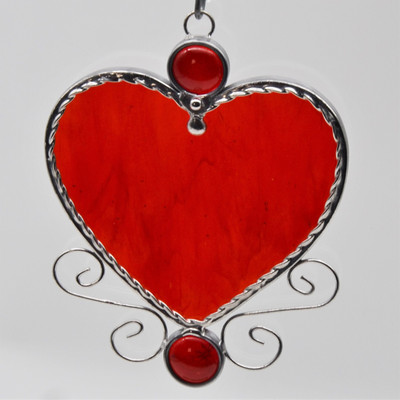 Charming Heart Suncatcher With Jewels and Wire Work Art Glass Suncatcher in Red