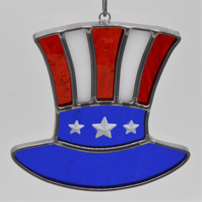 Patriotic Uncle Sam Top Hat Art Glass Suncatcher - in Red, White, and Blue - by KOG Kokomo Opalescent Glass
