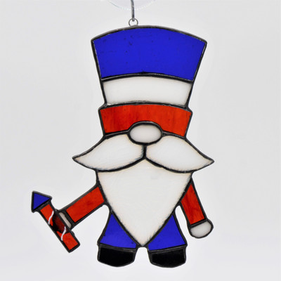 Rocket Gnome Art Glass Suncatcher - in Red, White, and Blue with Hand Painted Details - by KOG Kokomo Opalescent Glass