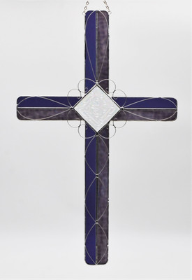 Very Large Cross with Iridized Jewel and Fancy Wire Work Art Glass Suncatcher - in Purple Cathedral and Purple/White Opalescent - by KOG Kokomo Opalescent Glass
