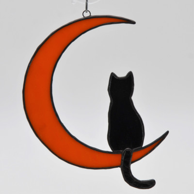 Black Cat with Crescent Moon Art Glass Suncatchers - in Orange and Black - by KOG Kokomo Opalescent Glass