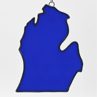 State of Michigan Foiled Art Glass Suncatcher - in Blue - by KOG Kokomo Opalescent Glass