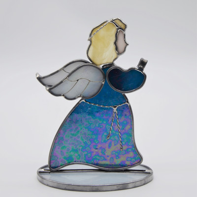Freestanding Praying Angel in Profile Art Glass Suncatcher - in Blue, White, Amber, and Pink Opalescent
