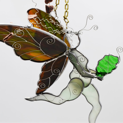 Botticelli Inspired Earth Fairy Art Glass Suncatcher - in Green and Amber with Intricate Wire Work