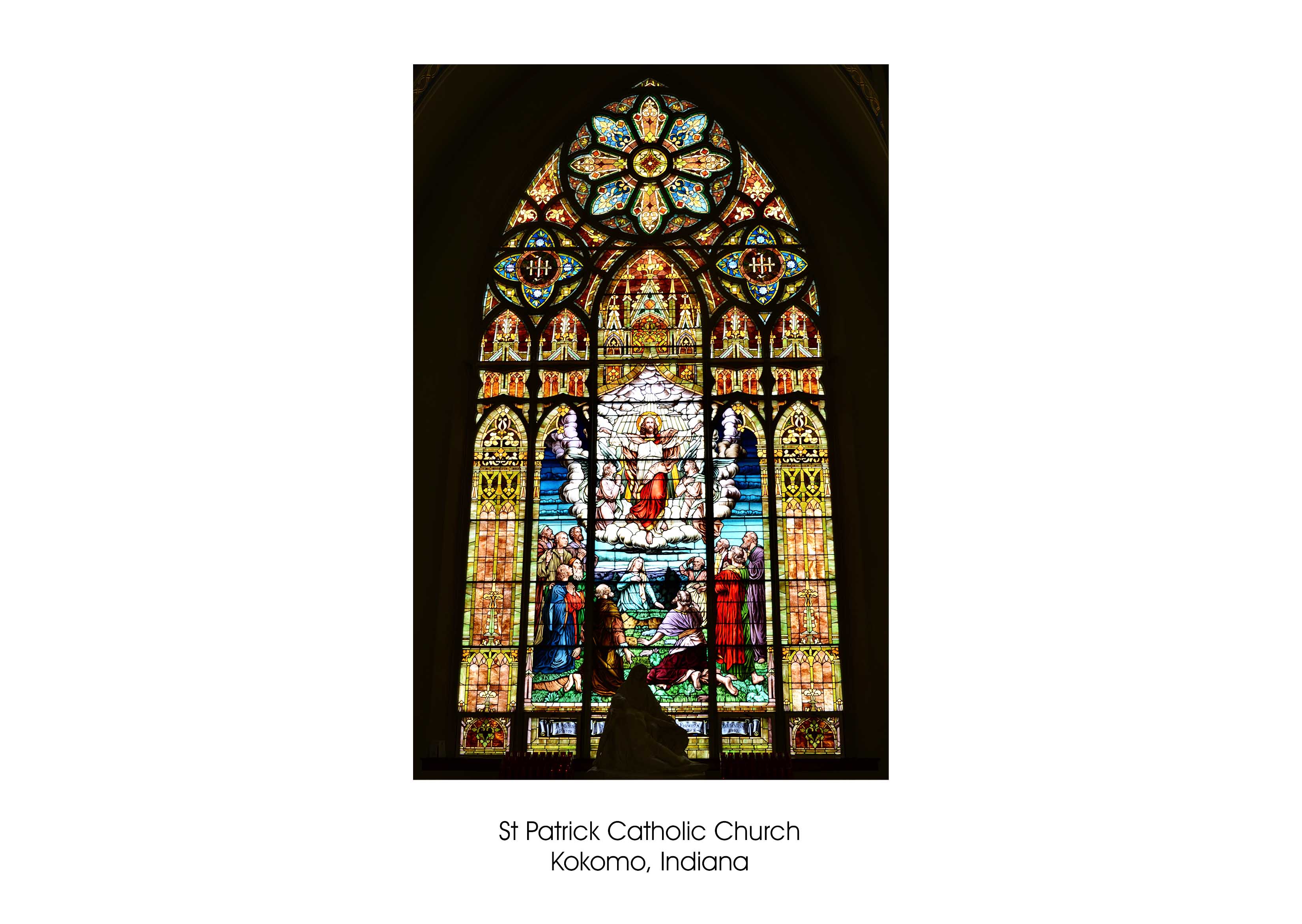 a stained glass window at the St. Patrick Catholic Church in Kokomo, Indiana