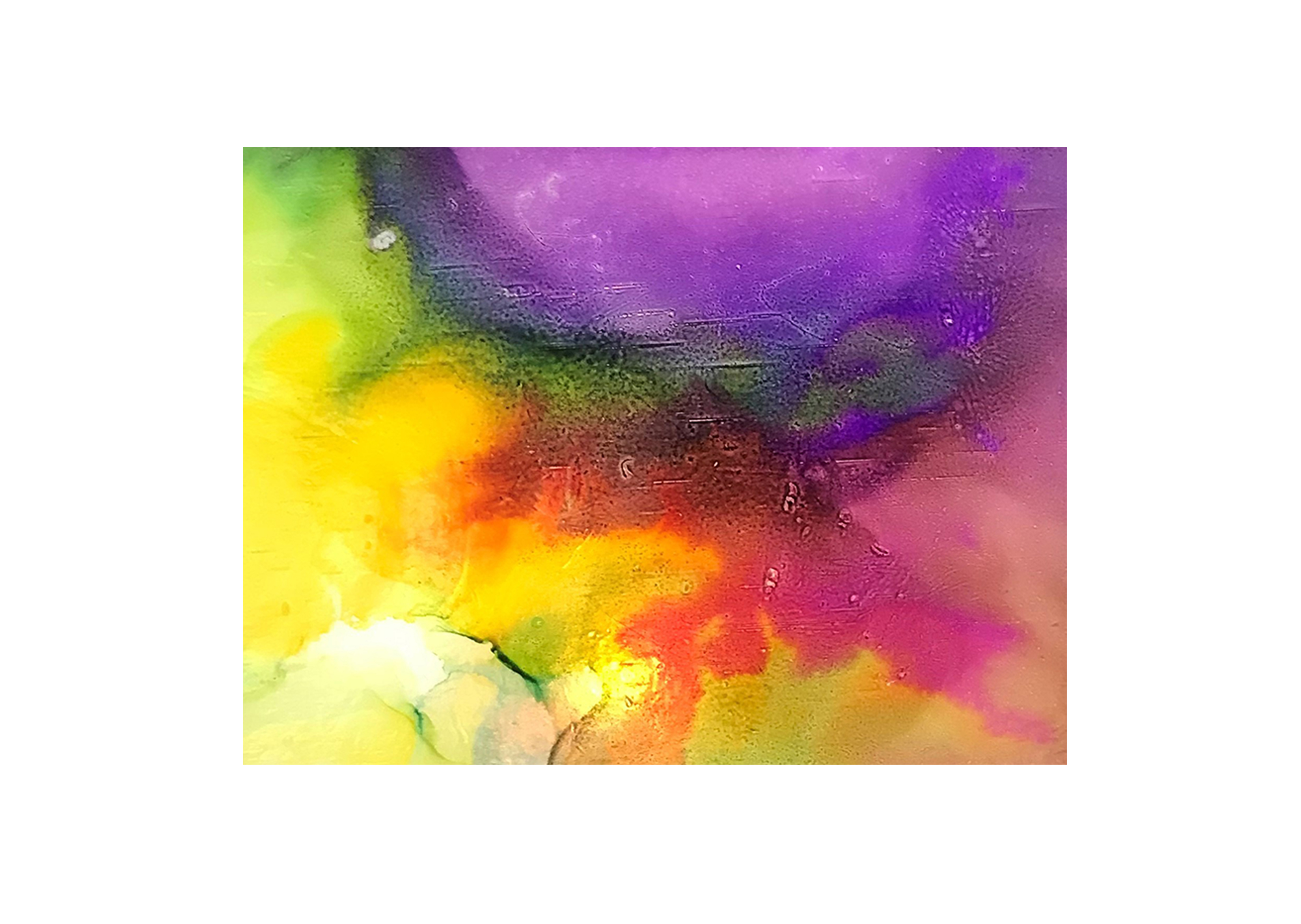 a watercolor technique painted on a piece of sheet glass in yellow, purple, green and red