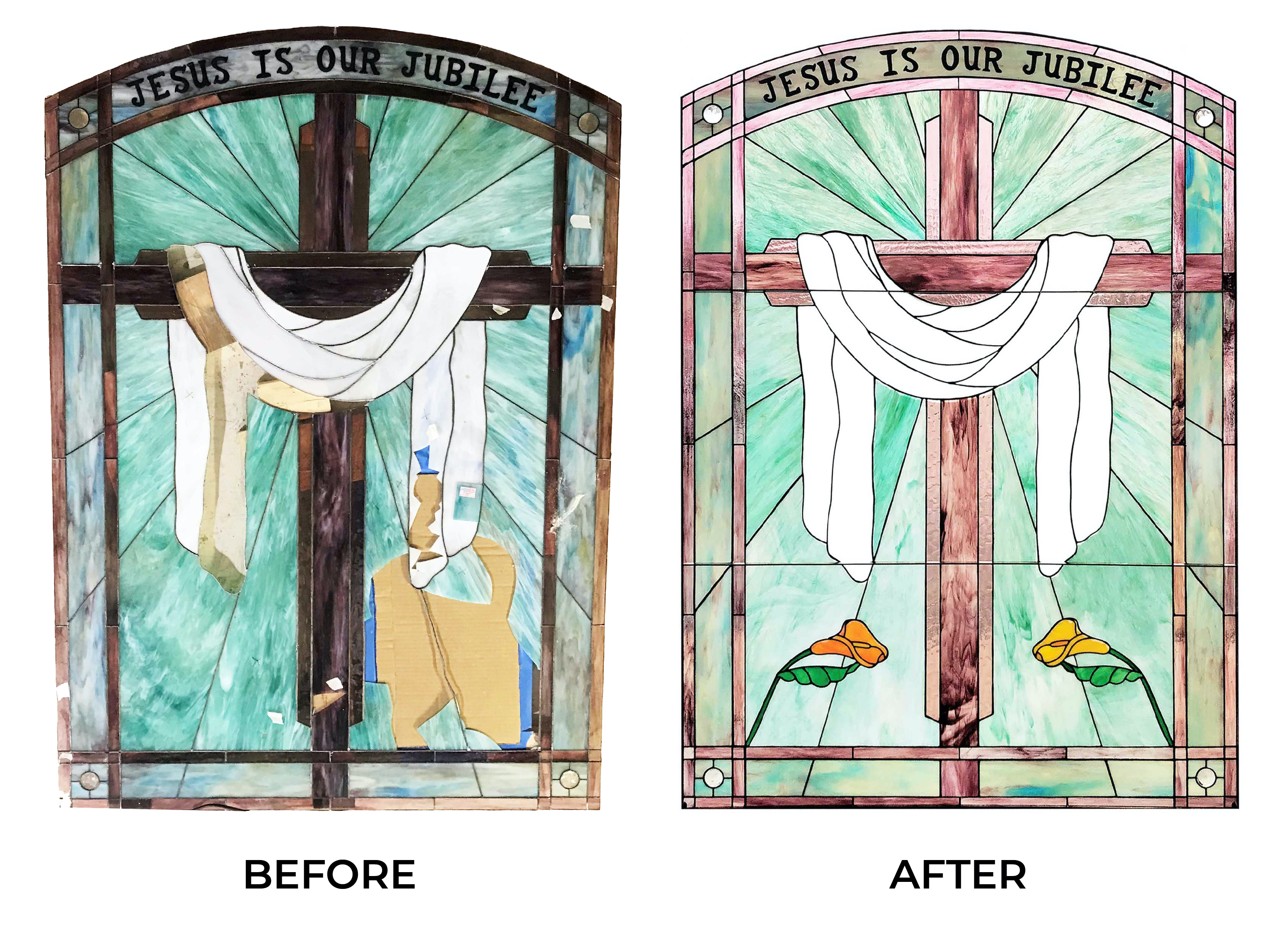 a before and after of a damaged stained glass window of a cross