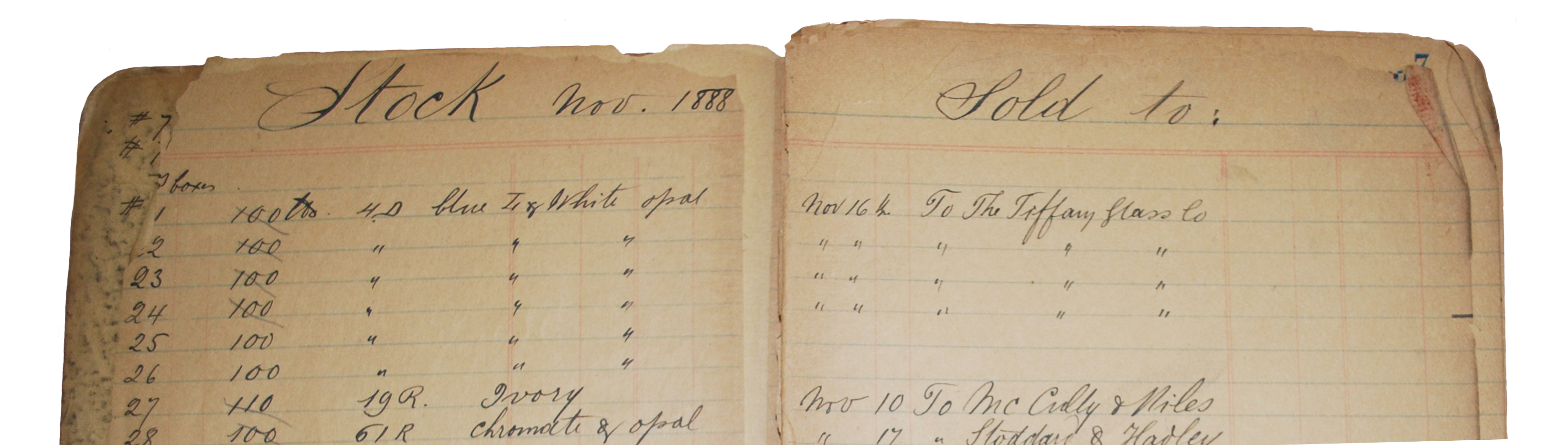 image of sales ledger documenting a sale to Tiffany Glass Co.