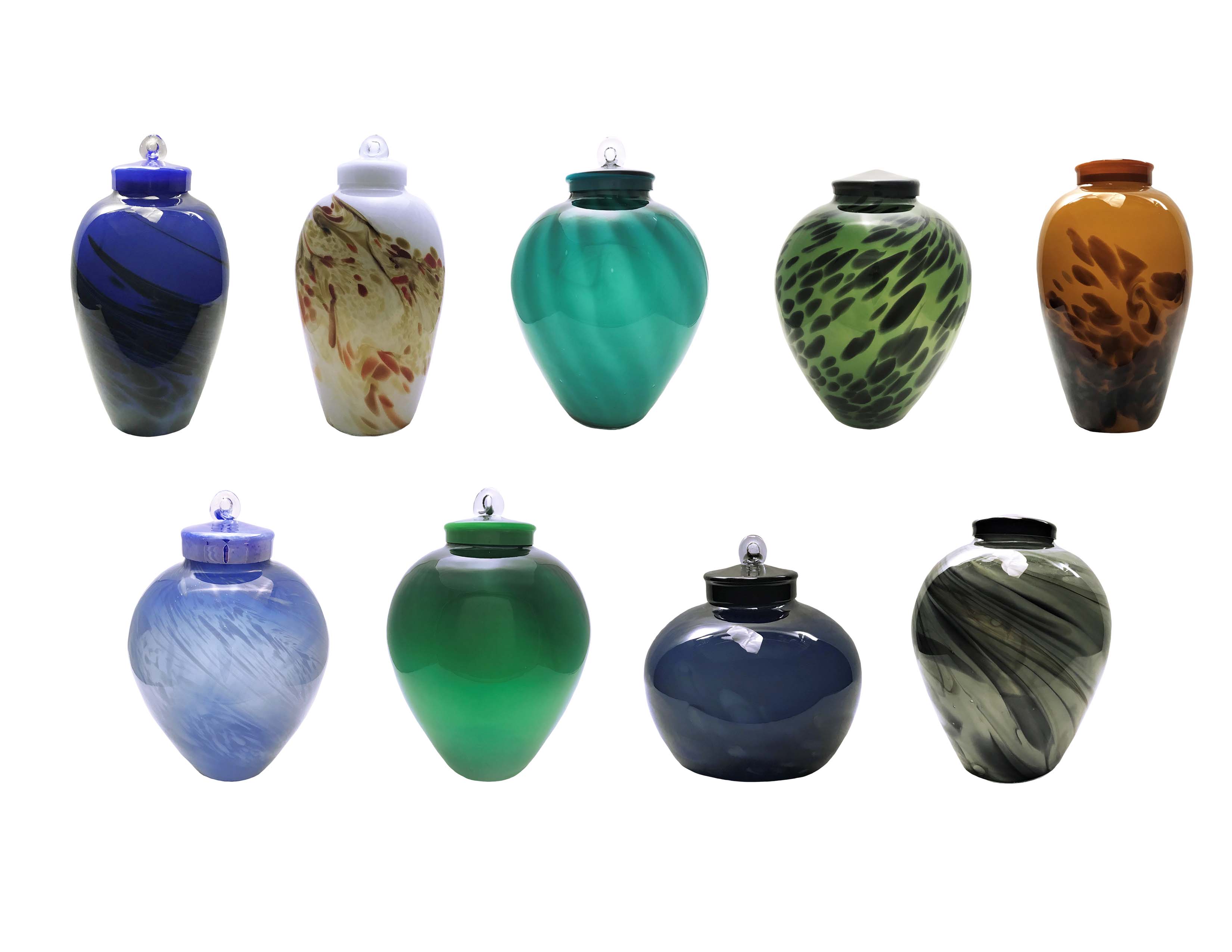 nine blown glass urns of varying sizes and colors