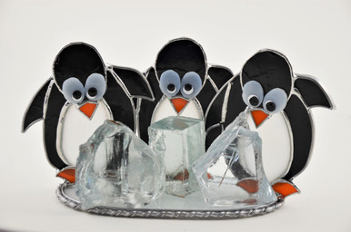 Three Penguin Pals on Ice Freestanding Suncatcher