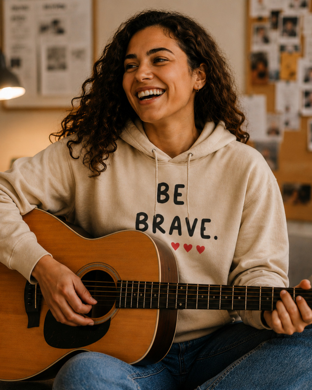 Smiling woman wearing a sand-colored “BE BRAVE” hoodie with red heart accents while playing an acoustic guitar indoors. Inspirational women's sweatshirt promoting courage, confidence, creativity, and self-expression.