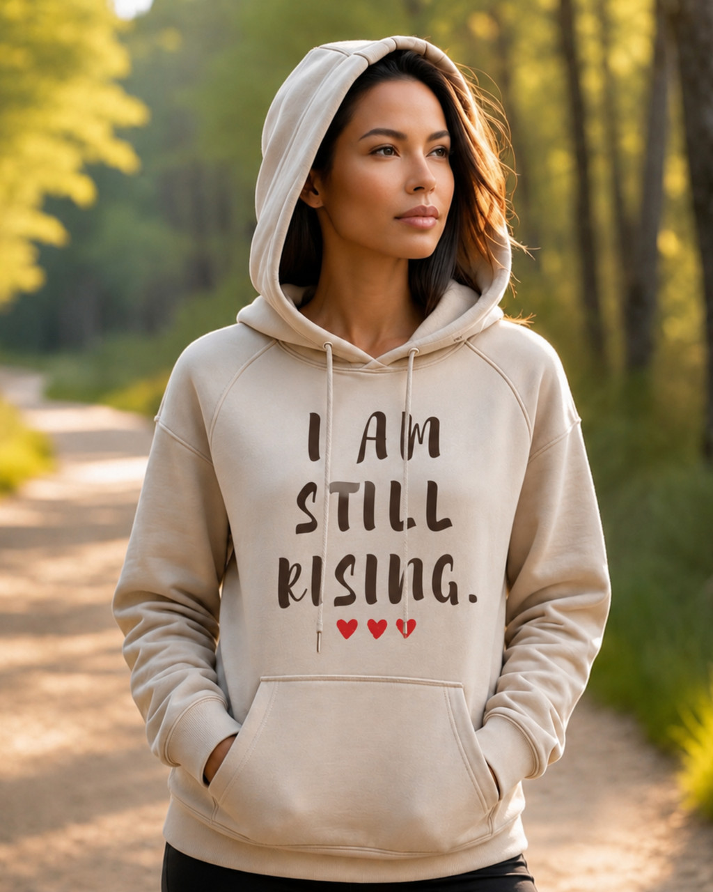 Woman wearing a sand-colored inspirational hoodie featuring the message “I AM STILL RISING” with red heart accents, standing on a sunlit forest trail. Motivational women's apparel promoting resilience, personal growth, confidence, healing, and empowerment.