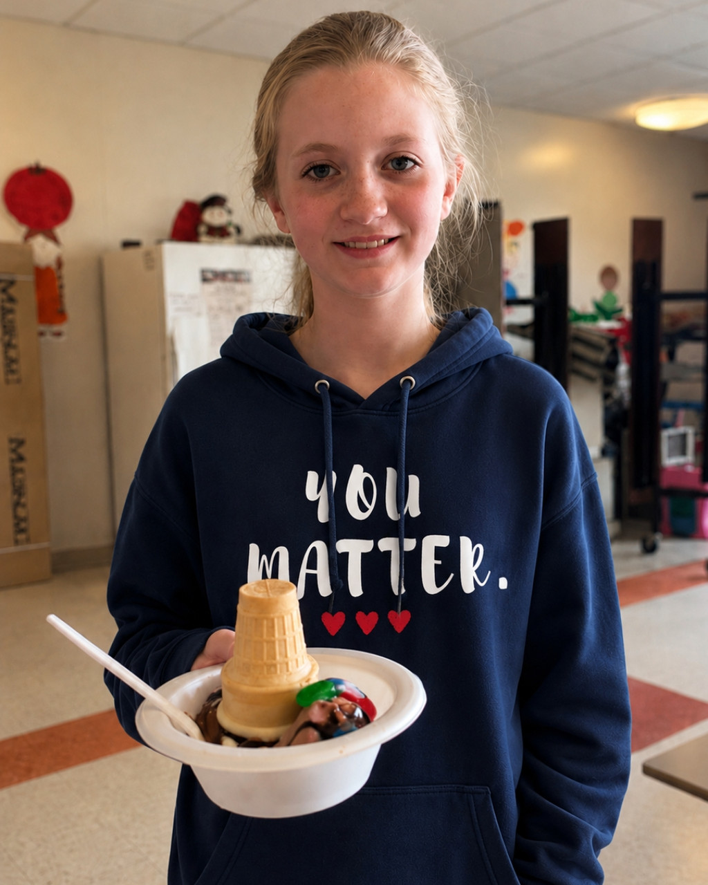 Young girl wearing a navy blue pullover hoodie featuring the uplifting phrase “You Matter” in white distressed lettering with three red hearts beneath. She is holding a bowl of ice cream indoors, creating a warm and positive lifestyle scene. The hoodie includes a drawstring hood, front kangaroo pocket, and relaxed fit, promoting self-worth, encouragement, and kindness.