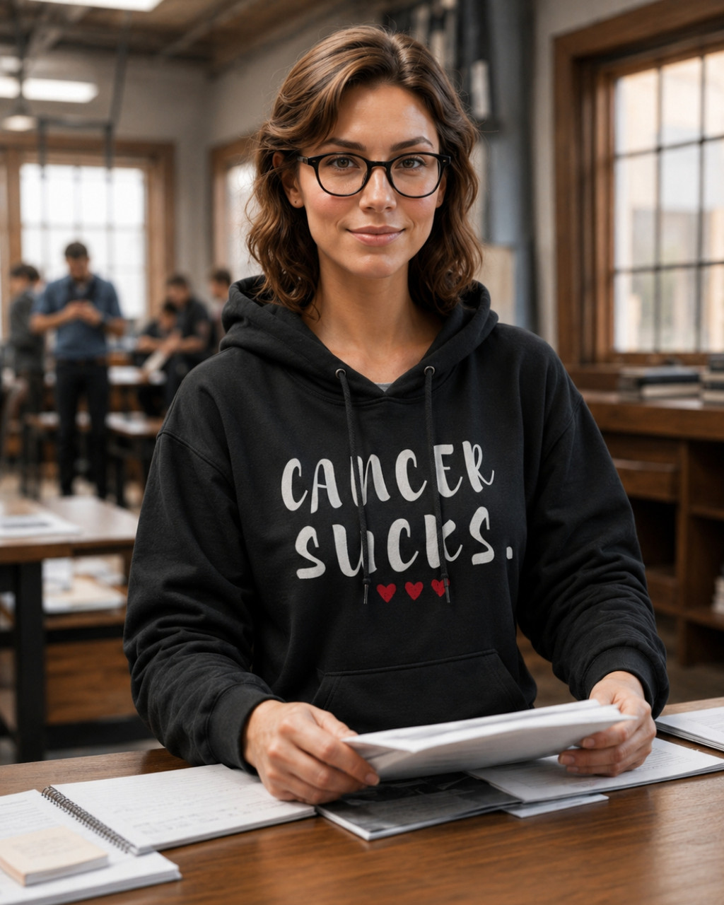 Woman wearing a black pullover hoodie featuring the phrase “Cancer Sucks” in distressed white lettering with three red hearts beneath. She is seated at a desk in a classroom or study environment, holding papers while looking toward the camera. The hoodie combines casual comfort with a powerful cancer awareness message of support, strength, and advocacy.