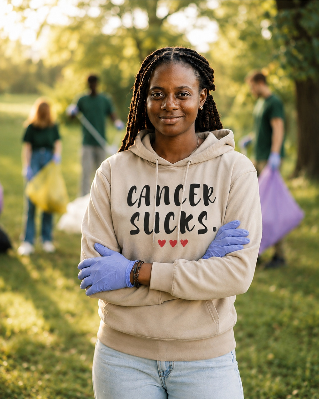 Young woman wearing a sand-colored pullover hoodie featuring the phrase “Cancer Sucks.” in distressed black lettering with three red hearts beneath. She stands outdoors in a park while participating in a community clean-up event. The hoodie combines a message of cancer awareness with themes of compassion, resilience, support, and positive action.