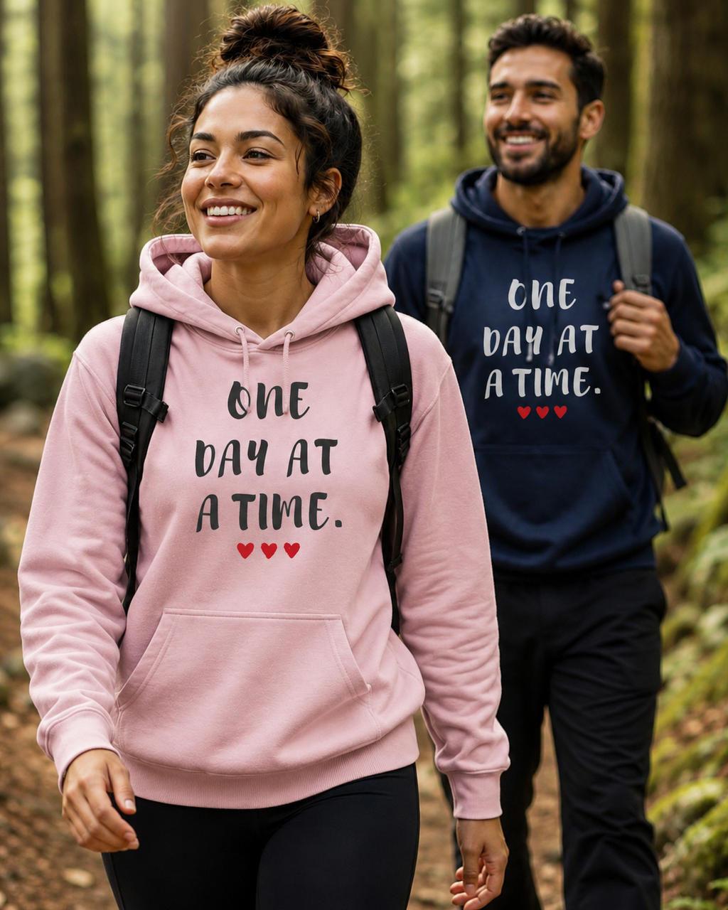 Two hikers walking along a forest trail wearing inspirational hoodies with the message “ONE DAY AT A TIME.” printed in bold white lettering and accented by three small red hearts. In the foreground, a smiling woman wears a light pink hoodie and a backpack, while behind her a man wears a navy blue hoodie with the same design and carries a backpack. Tall trees and a sunlit woodland setting create a peaceful outdoor atmosphere. The image conveys perseverance, hope, resilience, and the importance of taking life’s challenges one step at a time.