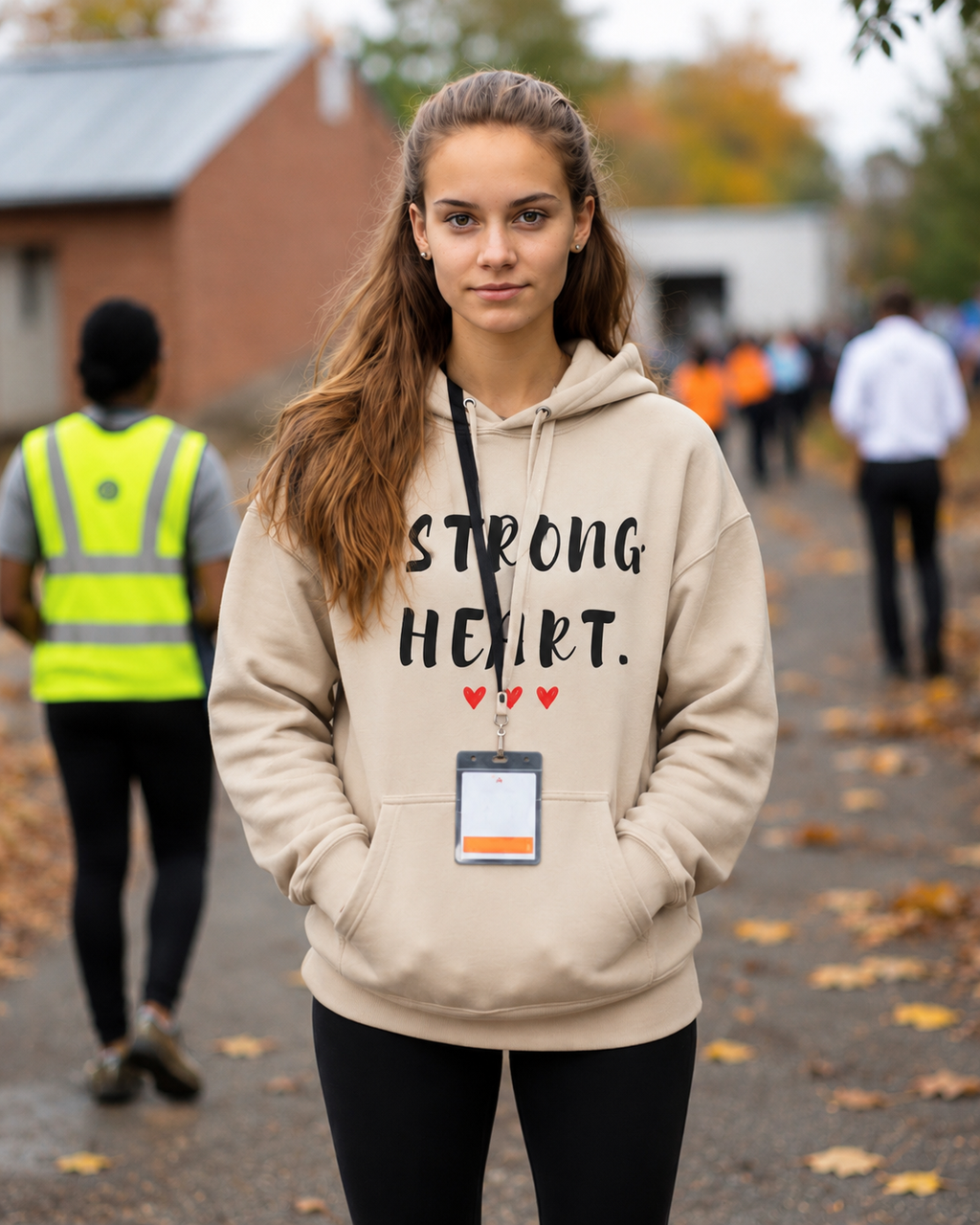 Young woman standing outdoors on a pathway wearing a sand-colored hoodie with the inspirational message “STRONG HEART.” printed in distressed black lettering and accented by three small red hearts beneath the text. She has an identification badge on a lanyard around her neck and her hands are tucked into the hoodie’s kangaroo pocket. People are visible in the softly blurred background, including a worker wearing a high-visibility safety vest. The autumn setting and confident expression create a sense of resilience, determination, and strength while showcasing the hoodie design.