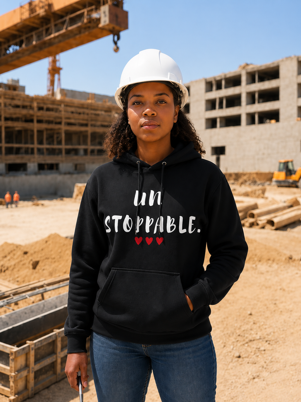Woman standing at a construction site wearing a black hoodie with the motivational message “UNSTOPPABLE.” printed in distressed white lettering and accented by three small red hearts beneath the text. She is wearing a white hard hat and holding a tool, with her hands partially tucked into the hoodie pocket. Construction equipment, building frameworks, and a worksite backdrop are visible behind her. The image conveys confidence, resilience, determination, and strength while showcasing the hoodie design in a professional, hardworking environment.