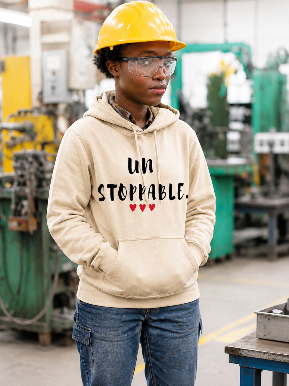 Person wearing a sand-colored pullover hoodie with the motivational message “UNSTOPPABLE.” printed in distressed black lettering and accented by three small red hearts beneath the text. They are standing in an industrial workshop while wearing a yellow hard hat and safety glasses, with their hands tucked into the hoodie’s kangaroo pocket. Machinery and manufacturing equipment are visible in the softly blurred background. The image conveys determination, resilience, confidence, and perseverance while showcasing the hoodie design in a hardworking, professional environment.