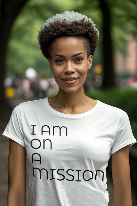 White t-shirt  mockup  of  a  woman  with  an  edgy  haircut  in  central  park  with I AM ON A MISSION
