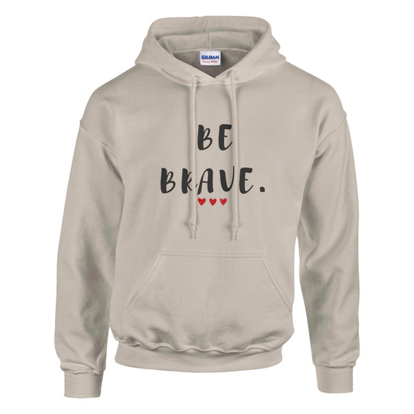 Front view of a sand-colored hoodie with “BE BRAVE” affirmation design and three red hearts. Inspirational pullover sweatshirt promoting empowerment, resilience, and self-belief.